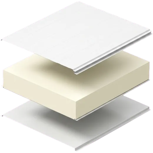 Tampilan terurai sandwich panel: facing baja, core insulasi, lalu facing baja