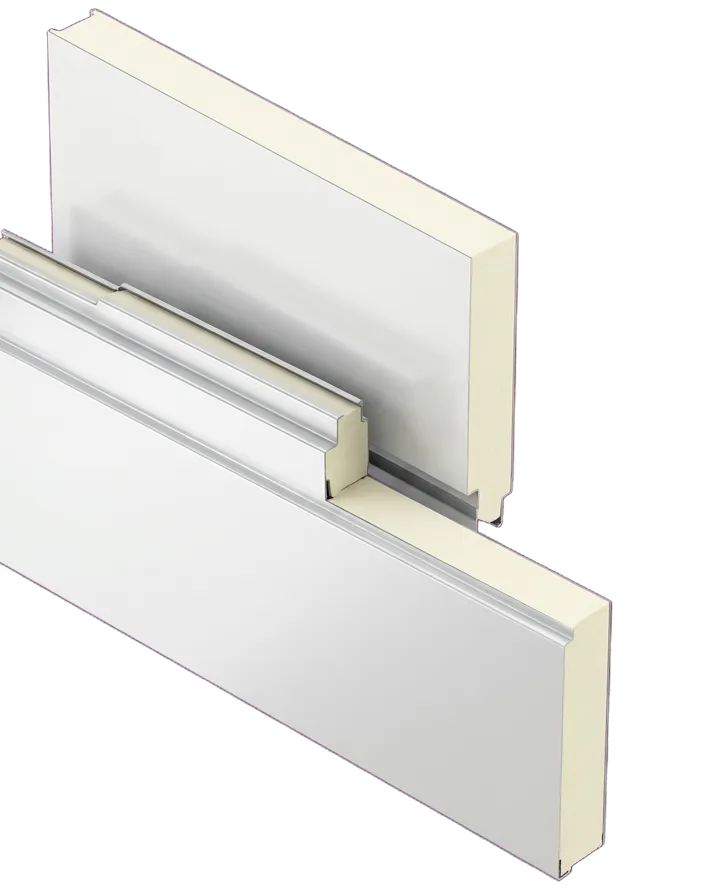 Dua sandwich panel saling mengunci, potongannya memperlihatkan core insulasi di antara dua facing baja